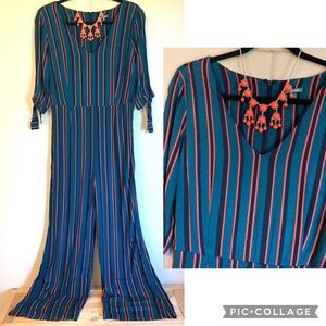 WILD FABLE Elbow Sleeve Striped Jumpsuit Jumper M Teal Blue Coral/Rust Black